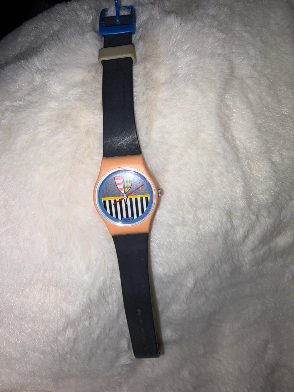 SWATCH WATCH Black Silicone Strap Watch with Peach Case and Blue Accents vintage